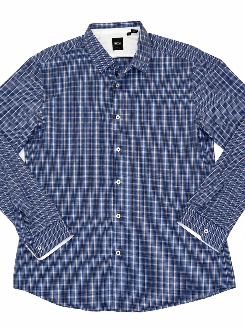 BOSS Blue Checked Long-Sleeve Dress Shirt